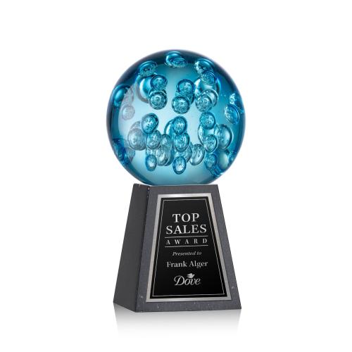 Awards and Plaques - Glass Trophies - Art Glass Trophies - Addison Globe on Tall Marble Base Glass Trophy
