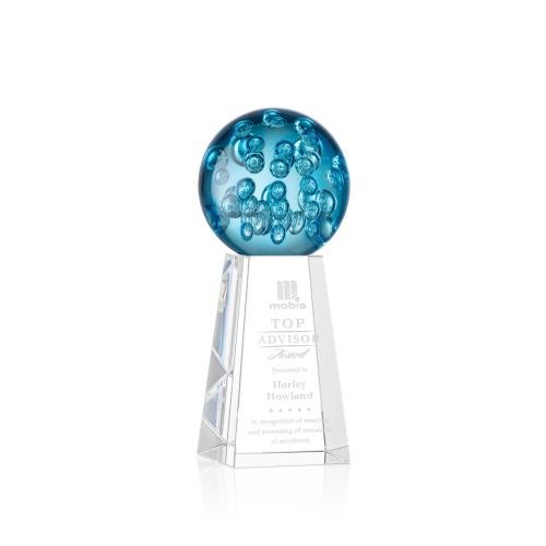 Awards and Plaques - Glass Trophies - Art Glass Trophies - Addison Globe on Tall Crystal Base Glass Trophy