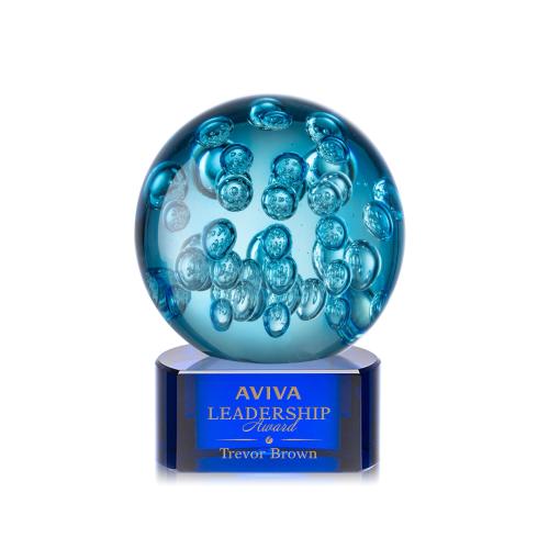 Awards and Plaques - Glass Trophies - Art Glass Trophies - Addison on Half Round Base Blue Globe Glass Trophy