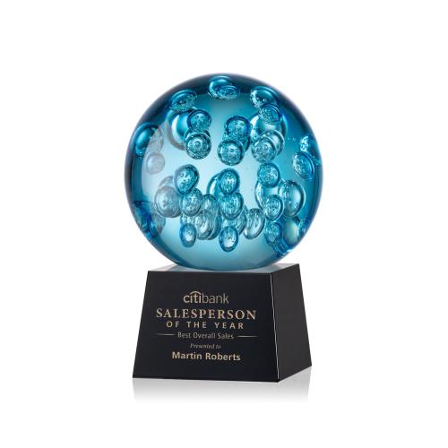Awards and Plaques - Glass Trophies - Art Glass Trophies - Addison on Small Crystal Base Black Globe Glass Trophy