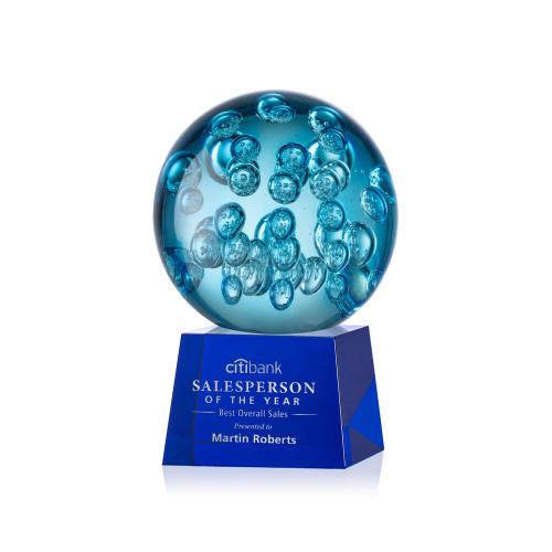 Awards and Plaques - Glass Trophies - Art Glass Trophies - Addison on Small Crystal Base Blue Globe Glass Trophy