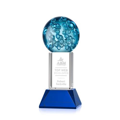 Awards and Plaques - Glass Trophies - Art Glass Trophies - Addison on Tower Base Blue Globe Glass Trophy
