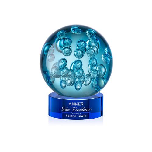 Awards and Plaques - Glass Trophies - Art Glass Trophies - Addison on Lockwood Base Blue Globe Glass Trophy