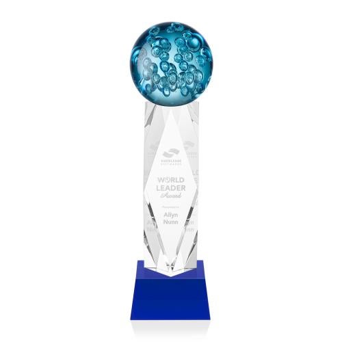 Awards and Plaques - Glass Trophies - Art Glass Trophies - Addison on Toscana Base Blue Globe Glass Trophy