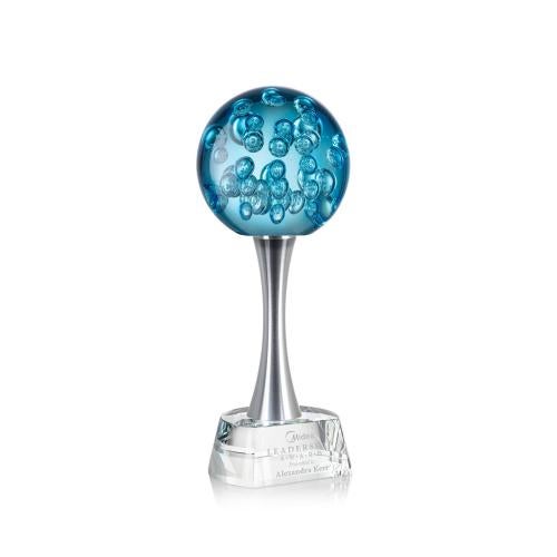 Awards and Plaques - Glass Trophies - Art Glass Trophies - Addison Globe on Metal Pedestal Base Glass Trophy