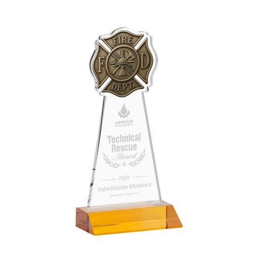 Awards and Plaques - Crystal Trophies - Fire Dept Amber Unique Crystal Trophy