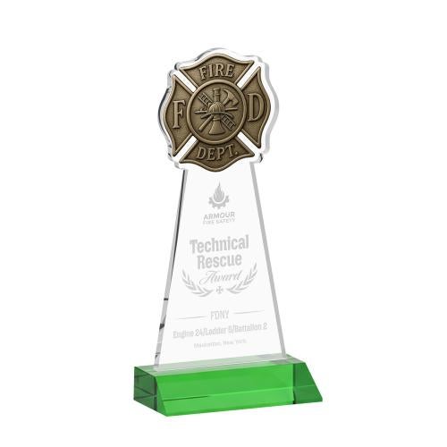 Awards and Plaques - Crystal Trophies - Fire Dept Green Unique Crystal Trophy