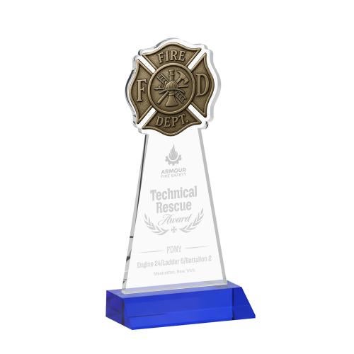 Awards and Plaques - Crystal Trophies - Fire Dept Blue Unique Crystal Trophy
