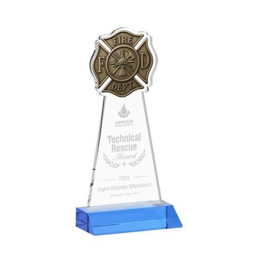 Awards and Plaques - Crystal Trophies - Fire Dept Sky Blue Unique Crystal Trophy