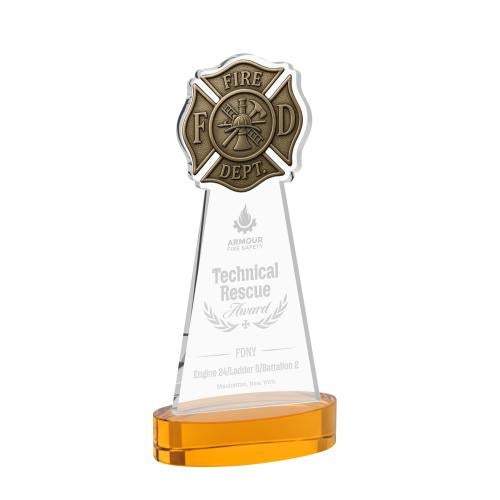 Awards and Plaques - Crystal Trophies - Fire Dept on Alberton Base Amber Unique Crystal Trophy