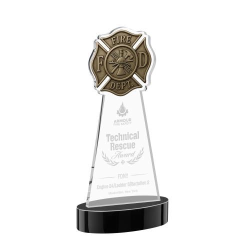 Awards and Plaques - Crystal Trophies - Fire Dept on Alberton Base Black Unique Crystal Trophy