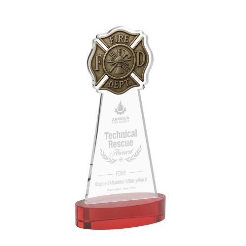Awards and Plaques - Crystal Trophies - Fire Dept on Alberton Base Red Unique Crystal Trophy