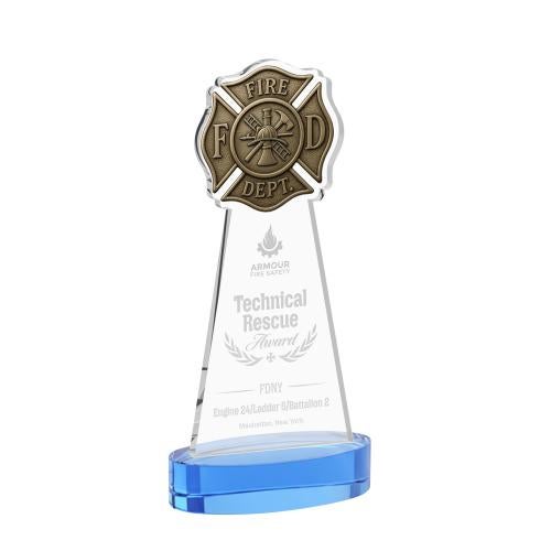 Awards and Plaques - Crystal Trophies - Fire Dept on Alberton Base Sky Blue Unique Crystal Trophy