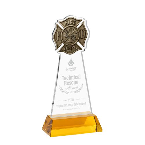 Awards and Plaques - Crystal Trophies - Fire Dept on Hartford Base Amber Unique Crystal Trophy