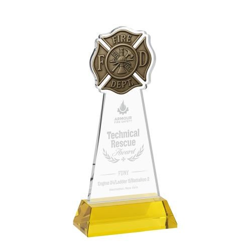 Awards and Plaques - Crystal Trophies - Fire Dept on Hartford Base Gold Unique Crystal Trophy