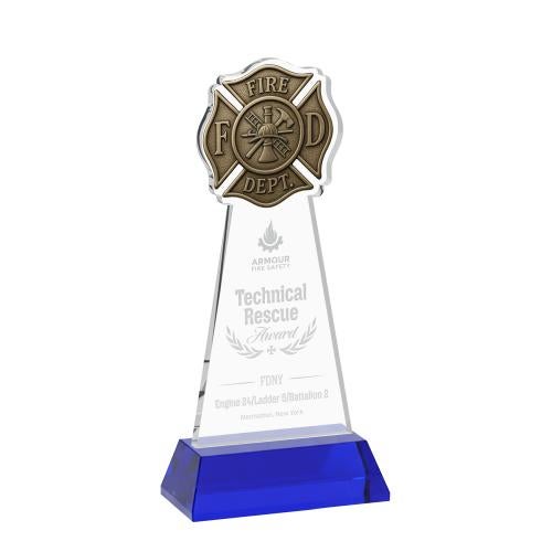 Awards and Plaques - Crystal Trophies - Fire Dept on Hartford Base Blue Unique Crystal Trophy