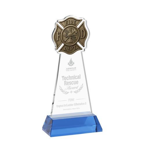 Awards and Plaques - Crystal Trophies - Fire Dept on Hartford Base Sky Blue Unique Crystal Trophy
