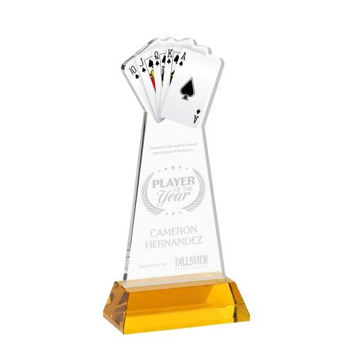 Awards and Plaques - Crystal Trophies - Poker on Hartford Base Amber Unique Crystal Trophy