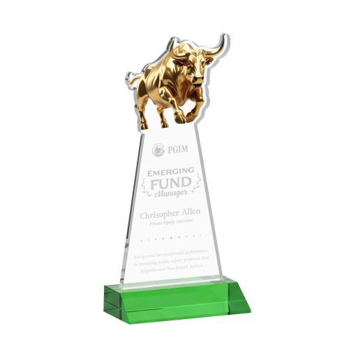 Awards and Plaques - Crystal Trophies - Raging Bull Green Animals Crystal Trophy
