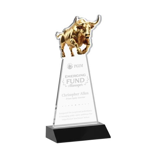 Awards and Plaques - Crystal Trophies - Raging Bull Black Animals Crystal Trophy