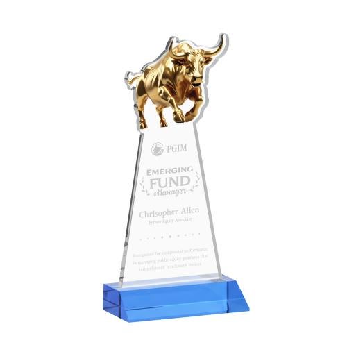 Awards and Plaques - Crystal Trophies - Raging Bull Sky Blue Animals Crystal Trophy