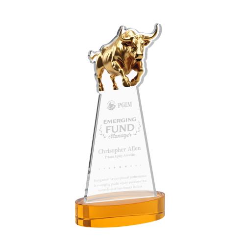 Awards and Plaques - Crystal Trophies - Raging Bull on Alberton Base Amber Animals Crystal Trophy