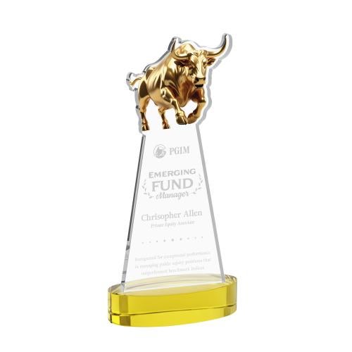 Awards and Plaques - Crystal Trophies - Raging Bull on Alberton Base Gold Animals Crystal Trophy