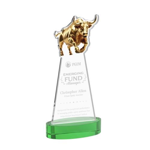 Awards and Plaques - Crystal Trophies - Raging Bull on Alberton Base Green Animals Crystal Trophy