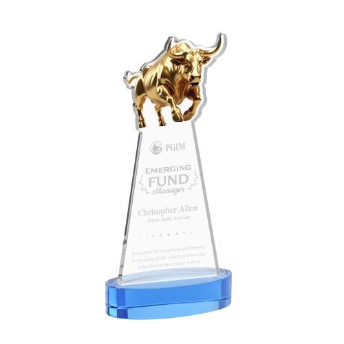 Awards and Plaques - Crystal Trophies - Raging Bull on Alberton Base Sky Blue Animals Crystal Trophy