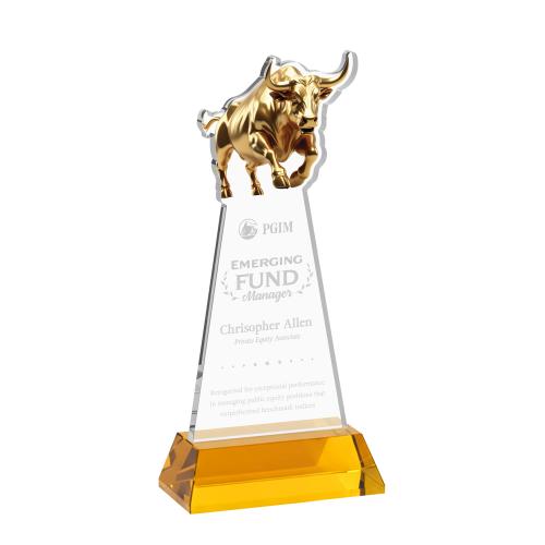 Awards and Plaques - Crystal Trophies - Raging Bull on Hartford Base Amber Animals Crystal Trophy
