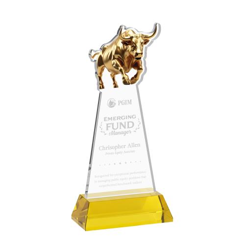 Awards and Plaques - Crystal Trophies - Raging Bull on Hartford Base Gold Animals Crystal Trophy