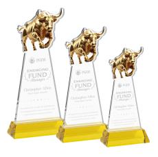 Raging Bull on Hartford Base Gold Animals Crystal Trophy - Crystal Trophies