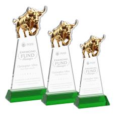 Raging Bull on Hartford Base Green Animals Crystal Trophy - Crystal Trophies