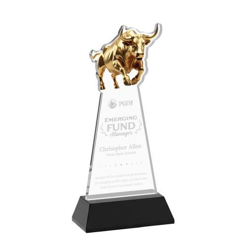 Awards and Plaques - Crystal Trophies - Raging Bull on Hartford Base Black Animals Crystal Trophy