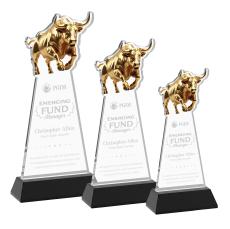 Raging Bull on Hartford Base Black Animals Crystal Trophy - Crystal Trophies