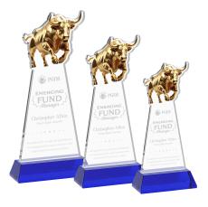 Raging Bull on Hartford Base Blue Animals Crystal Trophy - Crystal Trophies