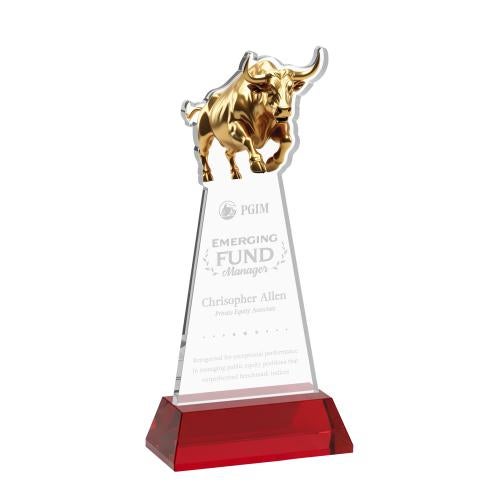 Awards and Plaques - Crystal Trophies - Raging Bull on Hartford Base Red Animals Crystal Trophy