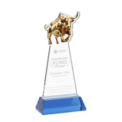 Awards and Plaques - Crystal Trophies - Raging Bull on Hartford Base Sky Blue Animals Crystal Trophy