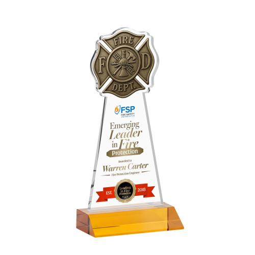 Awards and Plaques - Crystal Trophies - Fire Dept Full Color Amber Unique Crystal Trophy