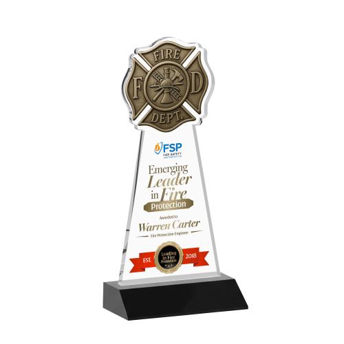 Awards and Plaques - Crystal Trophies - Fire Dept Full Color Black Unique Crystal Trophy