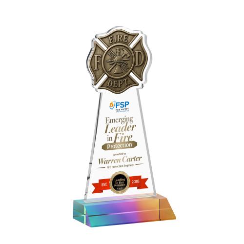 Awards and Plaques - Crystal Trophies - Fire Dept Full Color Prismatic Unique Crystal Trophy