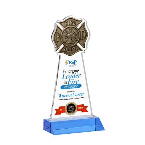 Awards and Plaques - Crystal Trophies - Fire Dept Full Color Sky Blue Unique Crystal Trophy
