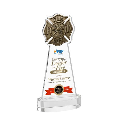 Awards and Plaques - Crystal Trophies - Fire Dept Full Color on Alberton Base Clear Unique Crystal Trophy