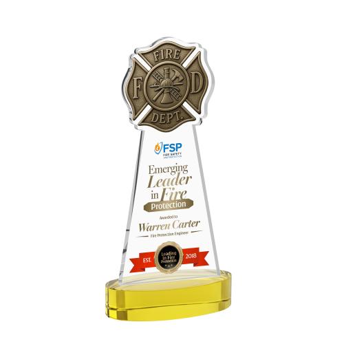 Awards and Plaques - Crystal Trophies - Fire Dept Full Color on Alberton Base Gold Unique Crystal Trophy