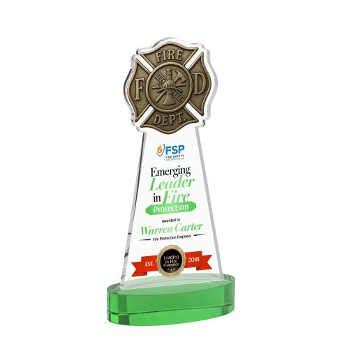Awards and Plaques - Crystal Trophies - Fire Dept Full Color on Alberton Base Green Unique Crystal Trophy