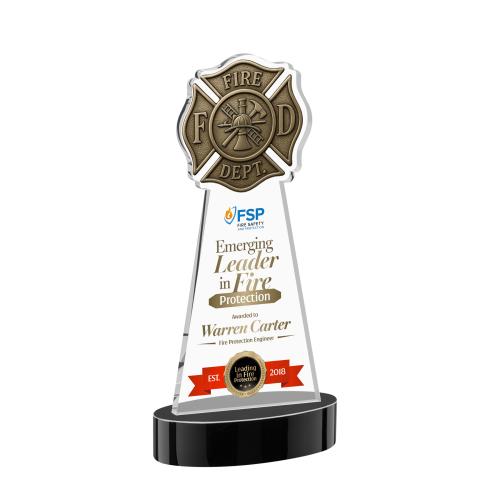 Awards and Plaques - Crystal Trophies - Fire Dept Full Color on Alberton Base Black Unique Crystal Trophy
