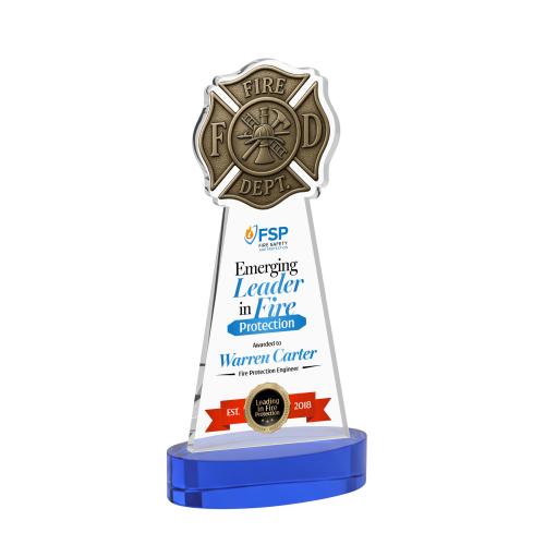 Awards and Plaques - Crystal Trophies - Fire Dept Full Color on Alberton Base Blue Unique Crystal Trophy