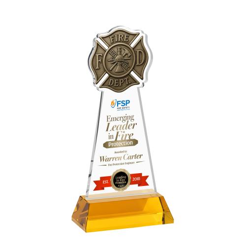 Awards and Plaques - Crystal Trophies - Fire Dept Full Color on Hartford Base Amber Unique Crystal Trophy