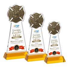Fire Dept Full Color on Hartford Base Amber Unique Crystal Trophy - Crystal Trophies