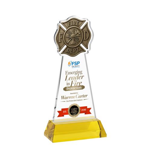 Awards and Plaques - Crystal Trophies - Fire Dept Full Color on Hartford Base Gold Unique Crystal Trophy